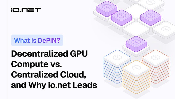 The image is a promotional graphic for io.net featuring the io.net logo, a "What is DePIN?" label, and the headline "Decentralized GPU Compute vs. Centralized Cloud, and Why io.net Leads," accompanied by illustrations of stacked purple, white, blue, orange, and pink 3D cubes representing distributed GPU nodes. It visually reinforces the post's critique of centralized cloud gatekeeping by contrasting io.net's decentralized GPU compute network with the limited access imposed by three dominant cloud providers.