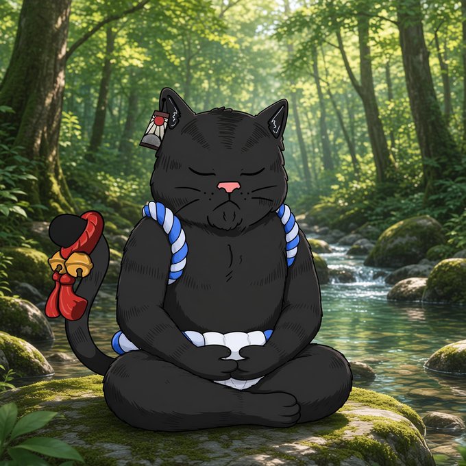 An illustration of a black cat sitting in a meditative lotus pose in a lush forest by a stream, wearing a blue and white rope around its neck and featuring a decorative red and gold tassel on its tail.