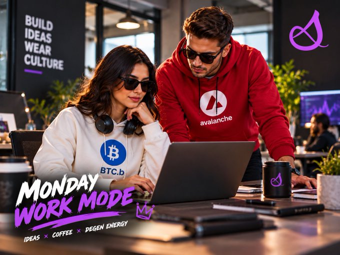 A promotional graphic with the text 'MONDAY WORK MODE: IDEAS X COFFEE X DEGEN ENERGY' showing a woman and man in hoodies (one with 'BTC.b' and one with 'avalanche' logos) looking at a laptop.