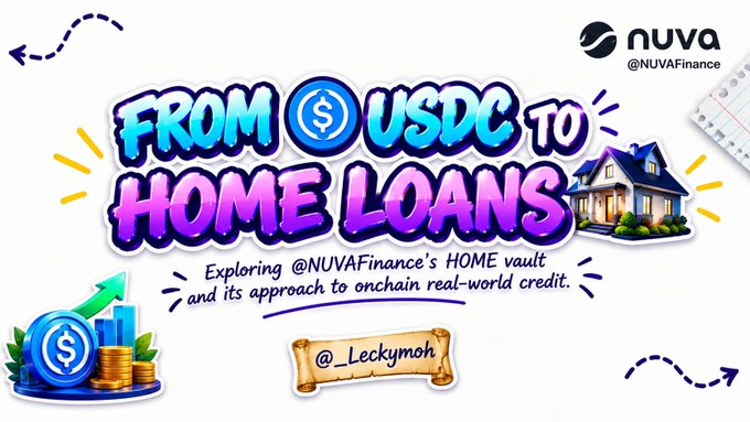 A colorful promotional graphic for NUVA Finance (@NUVAFinance) titled 'FROM USDC TO HOME LOANS,' exploring NUVA Finance's HOME vault and its approach to onchain real-world credit, credited to @_Leckymoh.