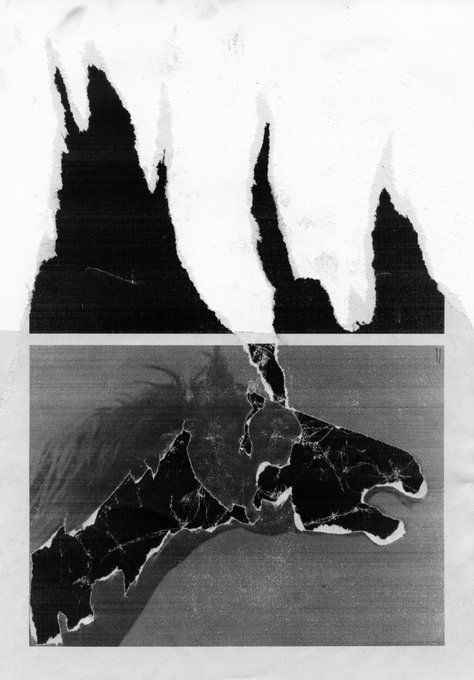 A black and white collage artwork featuring jagged, torn paper cutouts forming abstract mountain-like shapes above a fragmented, shadowed face.