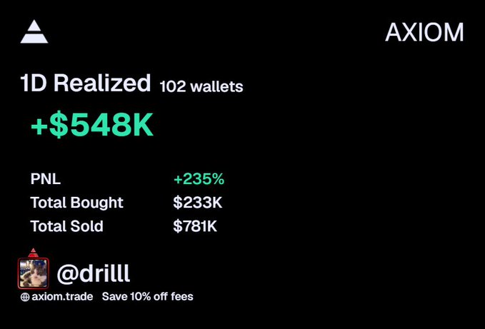 The image is an Axiom crypto trading dashboard showing a "1D Realized" profit/loss summary for the wallet "@drill," which made a +$548K gain (+235% PNL) with $233K bought and $781K sold across 102 wallets on the AXIOM platform. It relates to the post by highlighting the absurdity of 102 small wallets collectively profiting so heavily—contrasting the "milk bag" image of small, inexperienced traders with their surprisingly successful coordinated trading, suggesting these little guys are outperforming bigger players in the market.