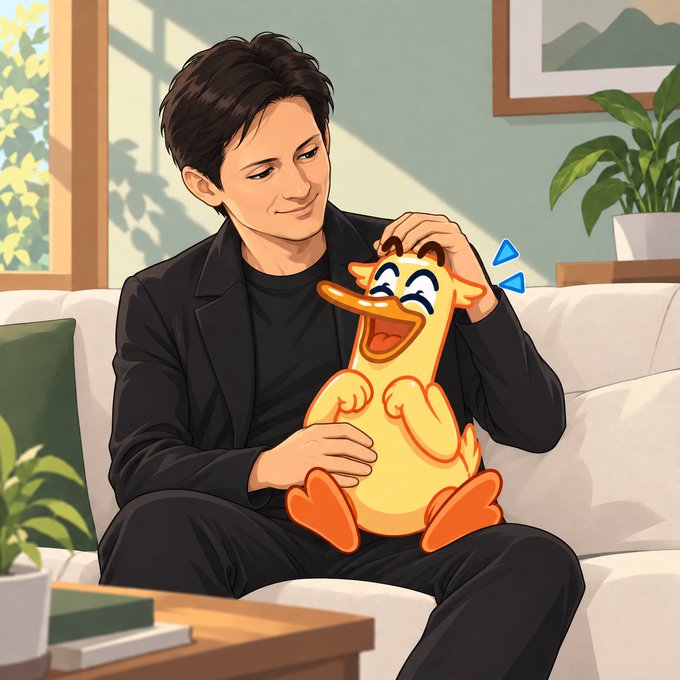 An anime-style illustration of a smiling man in a black suit sitting on a couch and playfully interacting with a cheerful yellow duck-like creature.