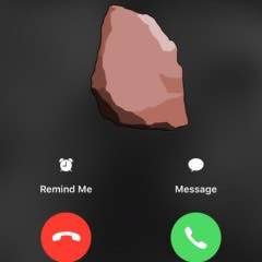 A smartphone incoming call screen displays a pink rock illustration as the caller image, with 'Remind Me' and 'Message' options.