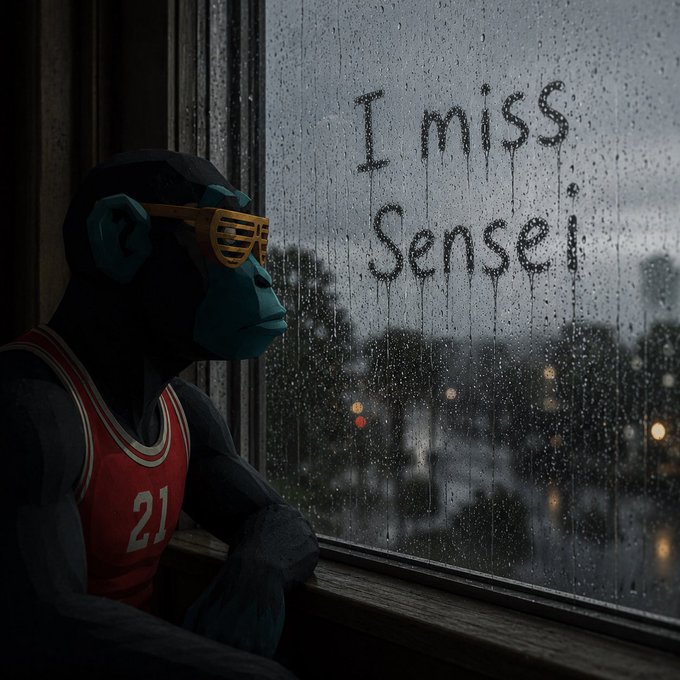 A digital illustration depicts a blue-skinned figure wearing gold shutter shades and a red jersey with the number 21, gazing out a rain-streaked window at a city skyline with the words "I miss Sensei" written on the glass.