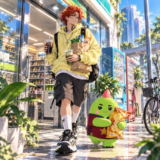 An anime-style illustration shows a red-haired character in a yellow hoodie and black shorts walking outside a convenience store, carrying iced drinks and a grocery bag, accompanied by a green, dinosaur-like mascot holding a bag of chips.