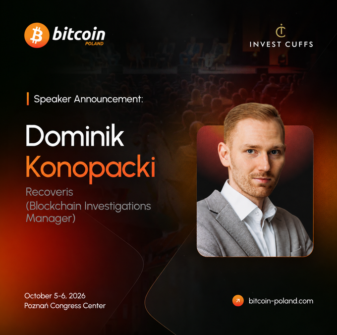 A speaker announcement poster for 'bitcoin POLAND' featuring Dominik Konopacki from Recoveris (Blockchain Investigations Manager), with event dates October 5-6, 2026 at Poznań Congress Center.