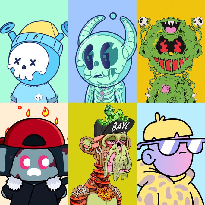 A grid of six cartoon-style character illustrations in various colorful, grotesque, and whimsical designs against pastel backgrounds.