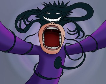 A cartoon-style illustration of a figure in a purple jumpsuit with a wide-open screaming mouth, with dark shadowy tendrils emerging from the head area.