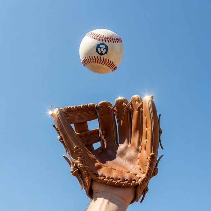The image features a baseball glove with a white ball inside of it, suspended in mid-air against a clear blue sky. The glove appears to be made from leather and has a brown color. The background shows an open field under a bright blue sky, suggesting that this scene takes place outdoors during the day. The image also includes text that reads "Soccer has the spotlight, but there are more plays to predict. Make your call on baseball and other sports on Crypto7com Predict." This message seems to be related to the baseball game being played in the background, possibly referencing a recent match or predicting future games based on past performance.