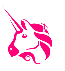 A minimalist hot-pink silhouette logo of a horned unicorn-like head with flowing mane details on a white background.