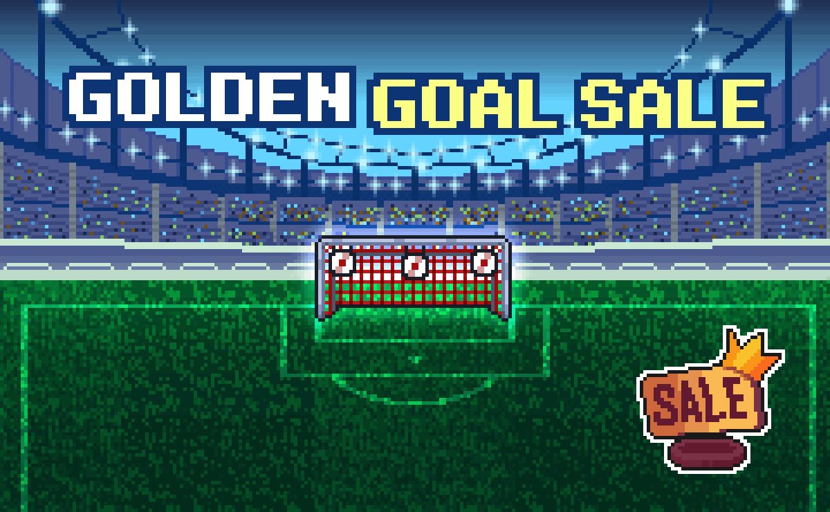The image features a soccer field with a goal, and there's an advertisement for a sale that reads "Golden Goal Sale" above the goal area. The text also mentions a free kick to the top corner of the goal net.