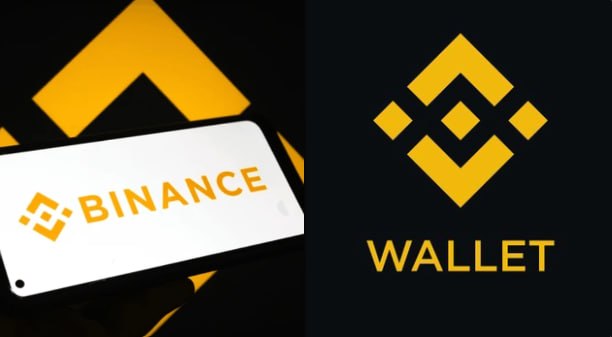 The image features two logos - one for Binance cryptocurrency exchange and another for Wallet wallet app. The Binance logo displays a yellow diamond with a white "B" inside, while the Wallet logo has a yellow diamond with a black "W" inside. Both logos are set against a black background. The Binance logo is positioned above the Wallet logo in the top half of the image and the two logos are placed side by side below each other in the bottom half of the image.
