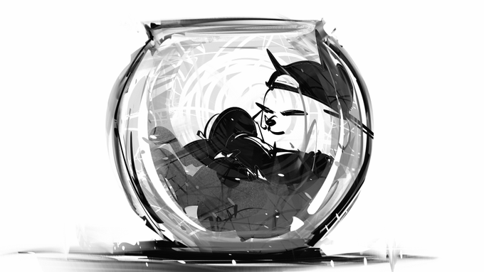 A black and white sketchy digital drawing of a dragon curled up asleep inside a round glass fishbowl.