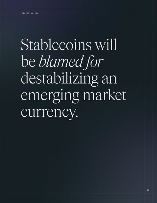A dark navy slide displays the heading "PREDICTION SIX" at the top, with the main text reading: "Stablecoins will be *blamed for* destabilizing an emerging market currency." This image illustrates Prediction Six from Bitwise's 2026 crypto predictions, as referenced in the accompanying post highlighting Matt Hougan and RasterlyRock's forecast.
