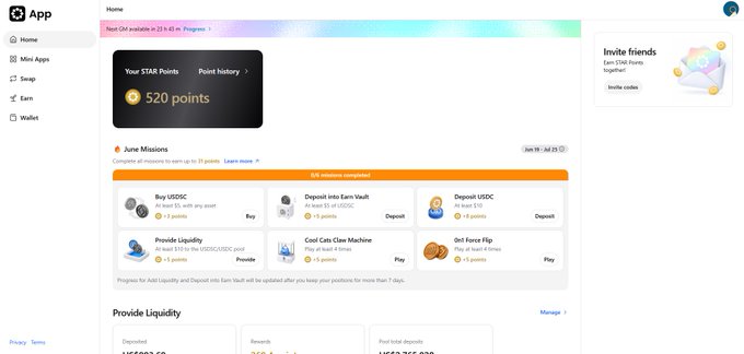 A screenshot of a Web3 app dashboard showing 520 STAR points, June Missions including Buy USDC, Deposit into Earn Vault, and Provide Liquidity, with a sidebar featuring Home, Mini Apps, Swap, Earn, and Wallet.