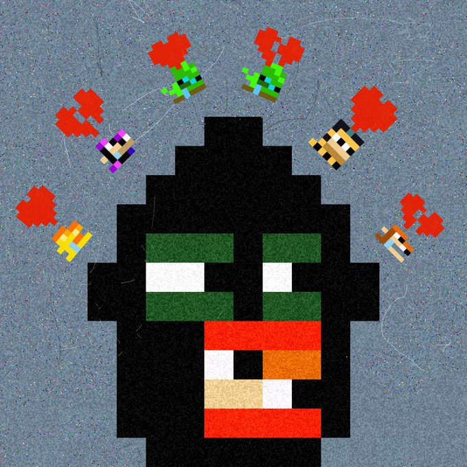 A pixel art image of a hooded figure with green and red face details, surrounded by red flowers with various pixelated characters, paired with the caption "creeps loves me, creeps loves me not," playing on the daisy-petal game while referencing the @CreepKids_eth NFT collection.