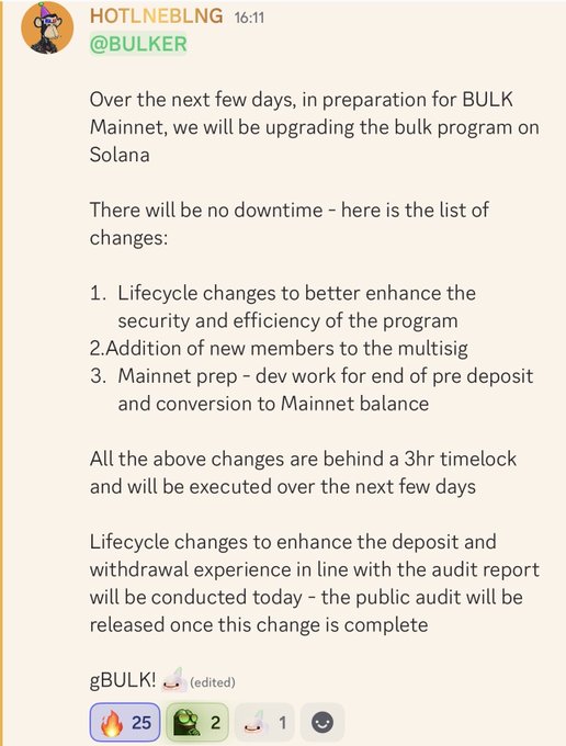 A Telegram message from 'HOTLNEBLNG' addressed to '@BULKER' announcing upcoming upgrades to the bulk program on Solana in preparation for BULK Mainnet, listing changes including lifecycle updates, multisig additions, and mainnet prep, all behind a 3-hour timelock.