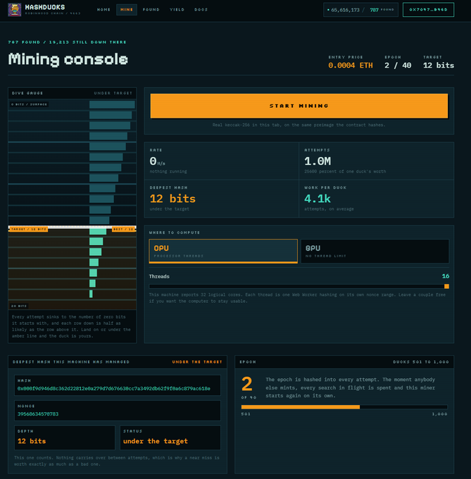 A 'Hashducks Mining console' webpage interface with a Start Mining button, showing hash rate of 0 H/s, 1.0M attempts, and a deepen hash of 12 bits.