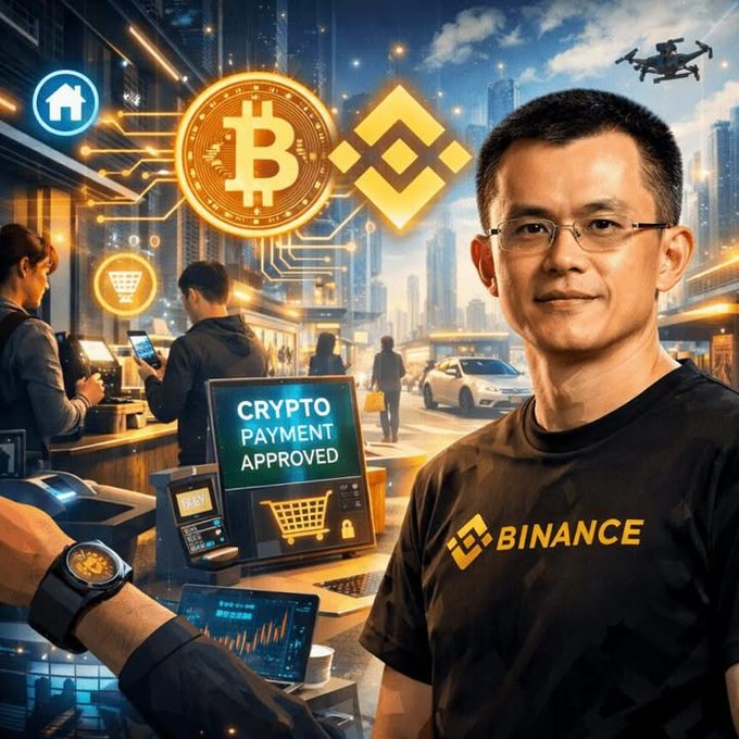 A stylized crypto-payment scene features Bitcoin and Binance logos, a monitor reading “CRYPTO PAYMENT APPROVED,” and a man wearing a “BINANCE” shirt.