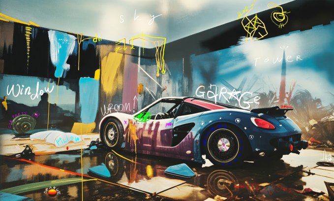A digital painting of a blue sports car in a garage, overlaid with colorful graffiti-style text reading 'SKY', 'Tower', 'GARAGE', and 'Window'.