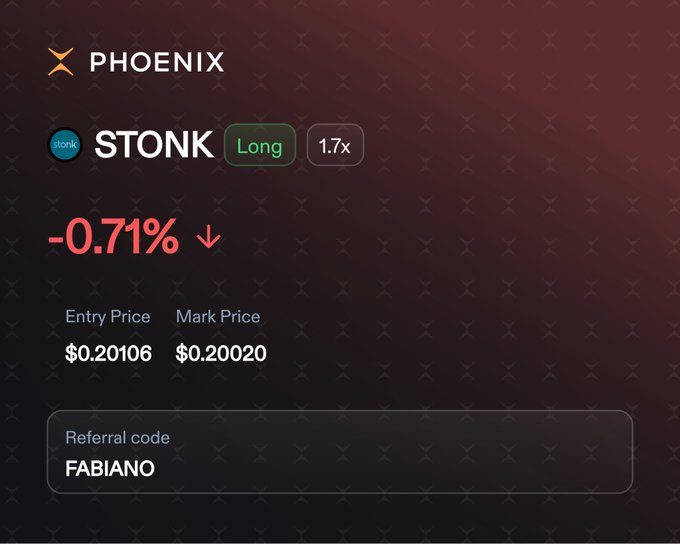 The image shows a trading interface from Phoenix displaying a "STONK" long position at 1.7x leverage, down -0.71%, with an entry price of $0.20106 and mark price of $0.20020, along with a referral code "FABIANO"—highlighting how users can trade STONK (believed to be Solana's chosen launchpad) on Phoenix, positioned as Solana's chosen perpetuals DEX.