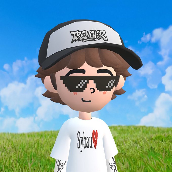 3D rendered avatar of a character wearing pixelated sunglasses and a cap that says "TRENCHER," standing in a grassy field under a blue sky, wearing a shirt that says "Sybau".