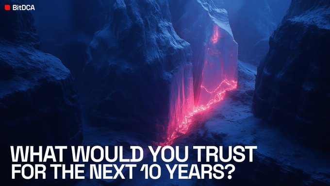 A dramatic digital artwork by BitDCA shows a glowing red crystalline path through a dark blue rocky canyon with the text 'WHAT WOULD YOU TRUST FOR THE NEXT 10 YEARS?'