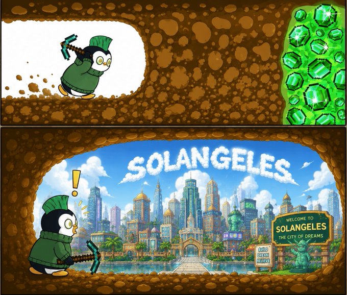 A two-panel cartoon showing a penguin character with a mohawk and pickaxe mining through dirt, discovering a gem cave, then breaking through into the city of "SOLANGELES" with a sign reading "WELCOME TO SOLANGELES, THE CITY OF DREAMS."