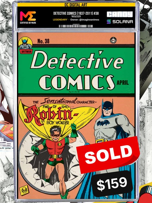 A digital NFT card of Detective Comics #38 (April 1940), the first appearance of Robin, sold on Magic Eden on Solana for $159.