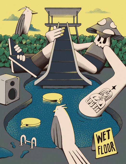 A stylized illustration featuring a figure lounging on a slide above a pool, accompanied by birds, a speaker, and a yellow 'WET FLOOR' sign.