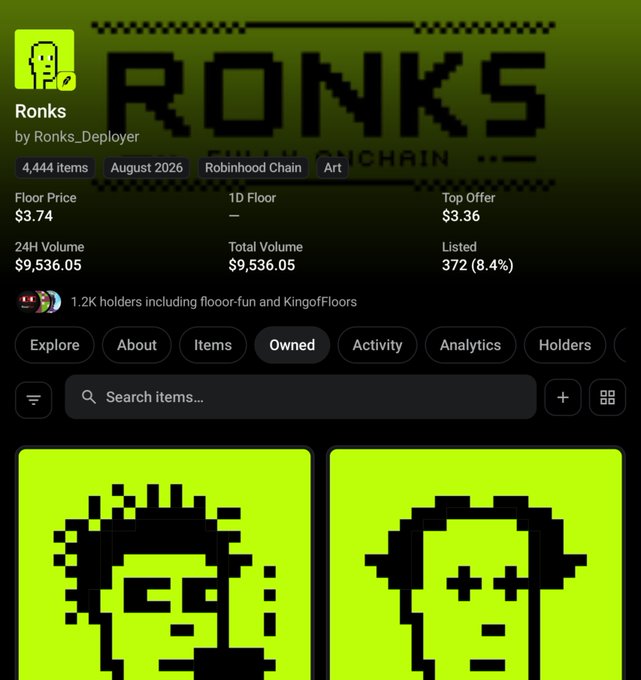 A screenshot of an NFT collection page titled 'Ronks' on Robinhood Chain, showing pixel art characters with a floor price of $3.74 and 4,444 items.