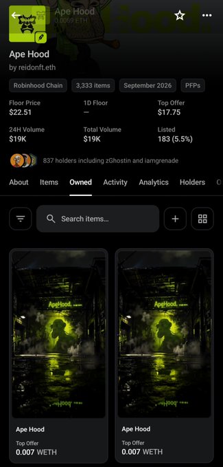 A mobile screenshot of an NFT collection called "Ape Hood" by reidonft.eth on the Robinhood Chain, showing a floor price of $22.51 and 3,333 items, with dark hooded figures in green lighting displayed.