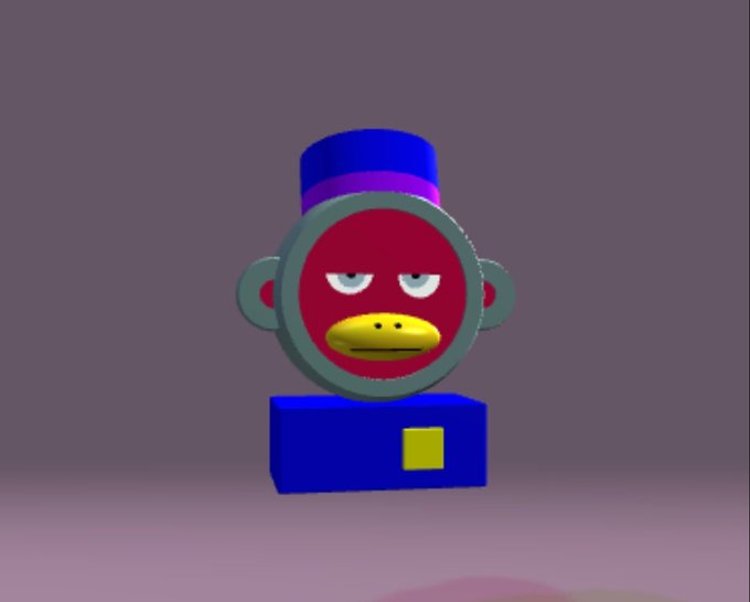 3D render of a stylized character with a red circular face, small eyes, a yellow duck-like beak, wearing a blue top hat and a blue base with a yellow square, set against a purple background.