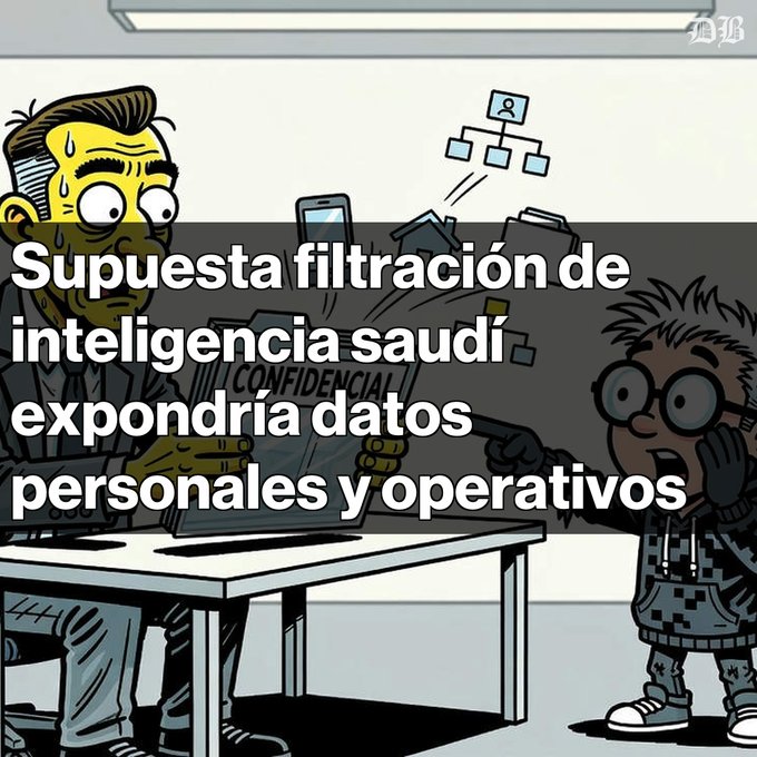 A cartoon-style illustration from a news outlet showing two characters examining confidential documents, with Spanish text reading 'Supuesta filtración de inteligencia saudí expondría datos personales y operativos'.