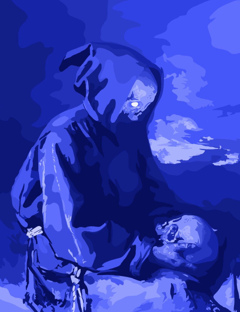 "GM. Memento Vivere." is a painting by an artist named Vincent Van Gogh, which features a woman with a skull on her shoulder. The painting has a blue color scheme that contrasts with the dark background of the painting. The painting depicts a woman wearing a hooded robe and holding a skull in her hand. The image also includes a watermark that reads "GM. Memento Vivere."