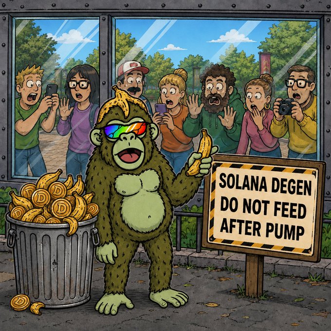A cartoon illustration of a green ape wearing sunglasses holding a banana next to a trash can filled with bananas and 'D' coins, with a sign reading 'SOLANA DEGEN DO NOT FEED AFTER PUMP' while shocked onlookers take photos from behind a window.