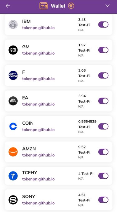 A mobile wallet interface displays various test tokens with company names like IBM (3.43), GM (1.97), Ford/F (2.06), EA (3.94), COIN (0.5654539), AMZN (9.52), TCEHY (4), and SONY (4.51), all labeled as "Test-Pi" from "tokenpn.github.io." The image illustrates the post's point by showing these unofficial tokens mimicking major corporations, with their relatively high prices suggesting the absurdity of purchasing even small amounts if they were legitimately tied to such valuable companies.