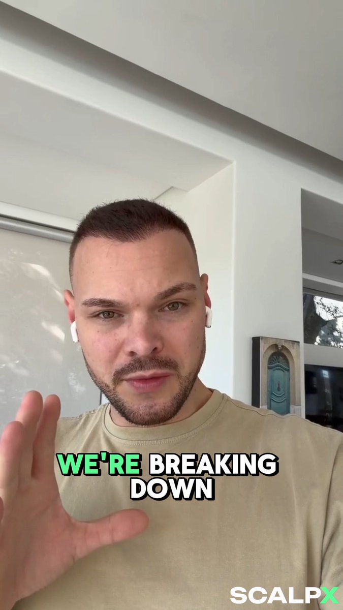 A man with a beard and wireless earbuds speaks to the camera in an indoor setting, with the text "WE'RE BREAKING DOWN" overlaid in green and white, and the "SCALPX" logo visible. The caption and visual suggest an update on Bitcoin's price action, indicating that the market may be breaking down below the key 63K–63.8K support levels.