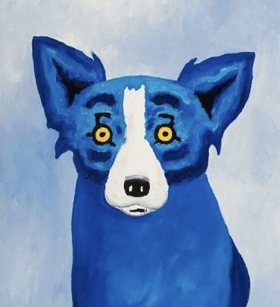 A painted portrait of a blue dog with yellow eyes and a white muzzle against a light blue background.
