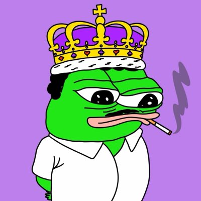 A digital illustration of the Pepe the Frog meme character wearing a golden crown and a white collared shirt, smoking a cigarette against a purple background.