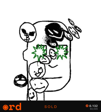 A digital artwork displayed on the Ordinals marketplace showing a stylized black and white face with multiple smaller faces and figures surrounding it, marked as SOLD for 0.132 ETH ($6,699).