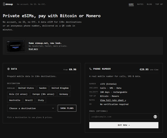 A screenshot of the simsup.net homepage showing private eSIM services starting from €0.96 for data in 130+ destinations and a €29.95 Estonian (+372) phone number option, with Bitcoin and Monero payment options highlighted in the top headline "Private eSIMs, pay with Bitcoin or Monero."