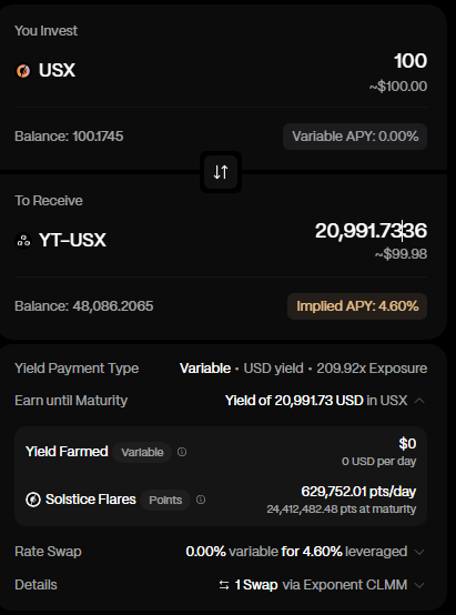 A dark-themed cryptocurrency investment interface showing a transaction of 100 USX to receive 20,991.7336 YT-USX with an implied APY of 4.60%, featuring yield details, Solstice Flares points, and rate swap information via Exponent CLMM.