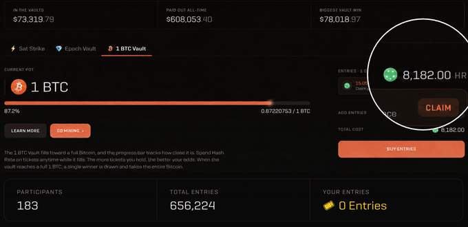The image shows a Satoshi Hero "1 BTC Vault" page displaying a current pot of 1 BTC with 183 participants and 656,224 total entries, alongside a "Claim 8,182.00 HR" reward highlighted in an orange circle. The post's $400 strategy aligns with the "Add Entries" section and 656,224 total entries shown, illustrating how the user's small USDC deposits across multiple blocks generate reward tickets like the 8,182 HR earned.