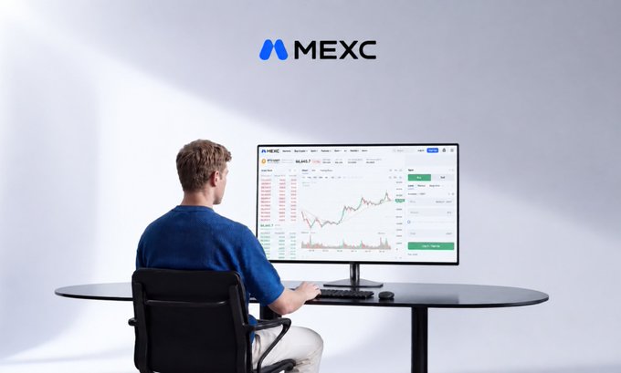 A man sitting at a desk viewing the MEXC cryptocurrency trading platform on a computer monitor, with the MEXC logo displayed above.