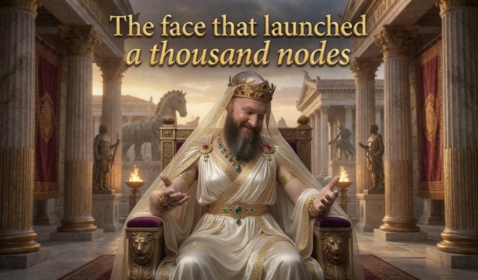 An illustration of a bearded king wearing a crown and white robes seated on a throne, with the text "The face that launched a thousand nodes."