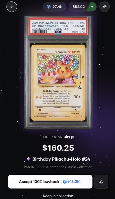 Mobile app screenshot showing a PSA 10 graded 2021 Pokemon Celebrations Birthday Pikachu-Holo card #24, valued at $160.25 with a buyback option for 18.2K.