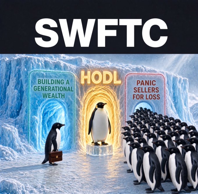 A SWFTC meme depicting three ice portals: a penguin with a briefcase labeled 'BUILDING A GENERATIONAL WEALTH', a glowing penguin labeled 'HODL', and a crowd of penguins labeled 'PANIC SELLERS FOR LOSS'.