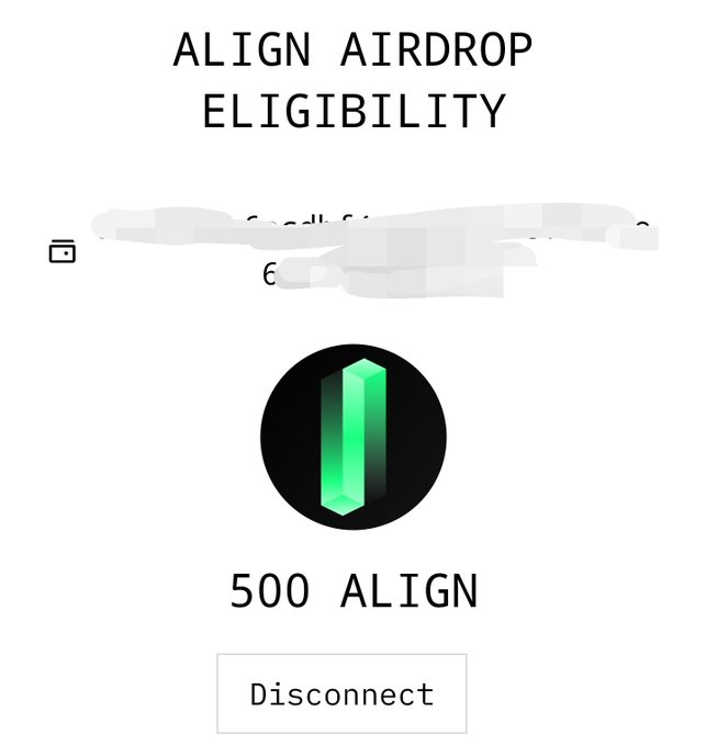 A screenshot showing "ALIGN AIRDROP ELIGIBILITY" with a green crystal logo and a wallet balance of "500 ALIGN", confirming the user's airdrop allocation of 500 tokens as referenced in the post about claiming the Align token airdrop.